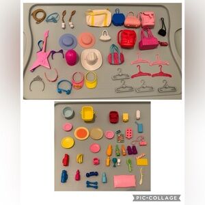 70 Piece Barbie and Other Doll Accessories-Hangers Food, Dishes, Bags, Purses